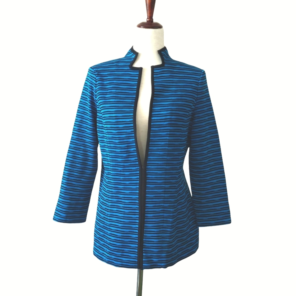 MISOOK Striped Teal Blue And Black Women's Open Cardigan Knit Sweater Size XS
